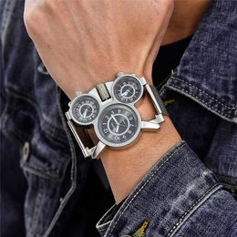 Oulm 1167 Reloj de pulsera grande para hombre, reloj de cuarzo con correa de acero y malla de cuero informal, relojes deportivos para hombre con tres zonas horarias G1022