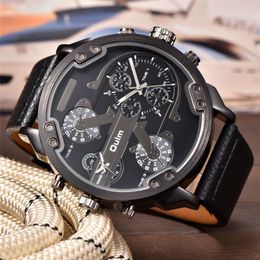 Oulm grandes montres pour hommes plusieurs fuseaux horaires Sport horloge à Quartz mâle décontracté en cuir deux conception de luxe marque hommes montre-bracelet LY1699