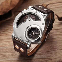 OULM FASE SILVER CASE Herenhorloges Dual Time Zone PU Leather Polshorwatch Casual Sports Male Watch Relogio Masculino WolsW257F