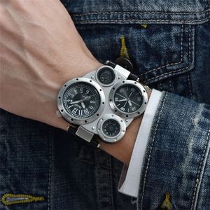 Oulm HP9415 Sporthorloges Dual Time Zone Quartz Horloge Decoratief Kompas Thermometer Mode Lederen Mannelijke Watch219x