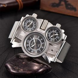 Reloj de zona horaria múltiple Oulm, correa de acero de malla para hombre, caja de aleación, relojes deportivos de tres horas diferentes, reloj de pulsera para hombre 217Q