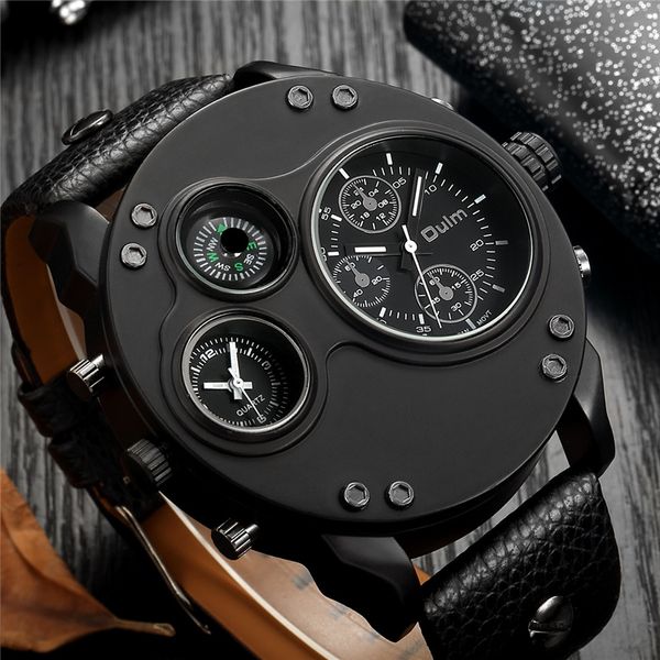 Oulm nouvelle mode décontracté Sport montres pour hommes en cuir noir double fuseau horaire montre-bracelet mâle Quartz grande taille montre militaire de luxe