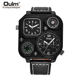 Oulm nouvelle mode hommes montres boussole décorative et thermomètre montre à Quartz deux fuseaux horaires décontracté PU montre-bracelet 203k