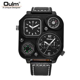 Oulm New Fashion Herrenuhren Dekorativer Kompass und Thermometer Quarzuhr Zwei Zeitzonen Casual PU Wristwatch198L