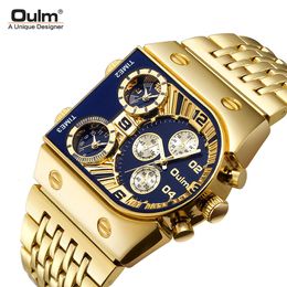 OULM's nieuwe meerdere tijdzone grote wijzerplaat Lumineuze herenstalen band Casual Quartz Watch Gold