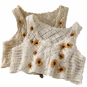 Oumea Femmes Doux Cott Cardigan Été Floral Broderie Manches Mégots Frt Crop Tops Plage Doux Crochet Style Français i67v #