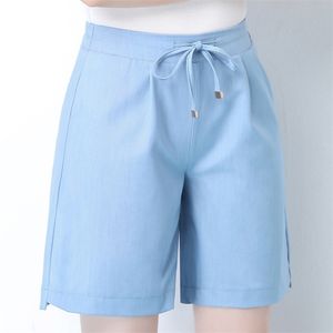 OUMENGKA été bleu décontracté femmes shorts taille haute élastique solide dames jeans shorts poche blet lâche shorts s-4xl 210625