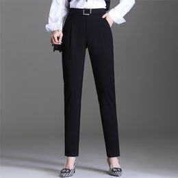 Oumengka vrouwen lente herfst chique mode kantoor slijtage recht pak broek vintage hoge taille zwarte vrouwelijke broek Mujer S-5XL 211115