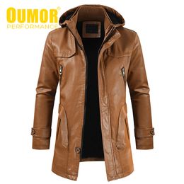 Oumor Hommes Hiver Nouveau Long À Capuche Épais Polaire En Cuir Veste Parkas Hommes Outwear Casual Vintage Chaud Faux Cuir Vestes Hommes 3XL 201116