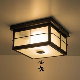 OUPAVOCS Lampe à détecteur de mouvement, capteur réglable encastré, du crépuscule à l'aube, luminaire d'extérieur noir à 2 lumières, support de plafond avec verre dépoli pour porche