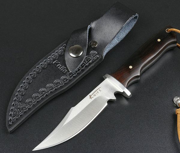 Couteau de chasse droit de survie en plein air 440C Satin Bowie Blade Full Tang Ebony Handle Couteaux à lames fixes avec gaine en cuir
