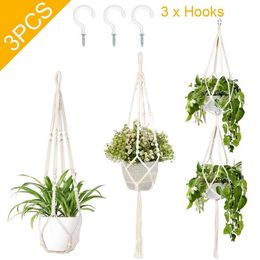 OurWarm 3 Pack Plant Hanger Opknoping Plant Houder met 3 Stks Haken Handgemaakte Katoenen Mand Stand Bloempot Houder Wall Home Decor 210615