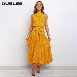 Ouuslee zomer casual lange jurk boho stijl halter polka dot jurken vrouwen elegante feestdruk maxi dames vestidos mujer 220613