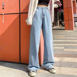 Oussyu merk vrouw jeans hoge taille pijpen katoen denim kleding blauw witte streetwear vintage mode harajuku rechte broek l220726