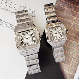 Out Bling Diamonds Ring Watches for Men Women Hip Hop Square Roman Dial Designer Mens Quartz Watch Roestvrij staal Band Business Pols 191X