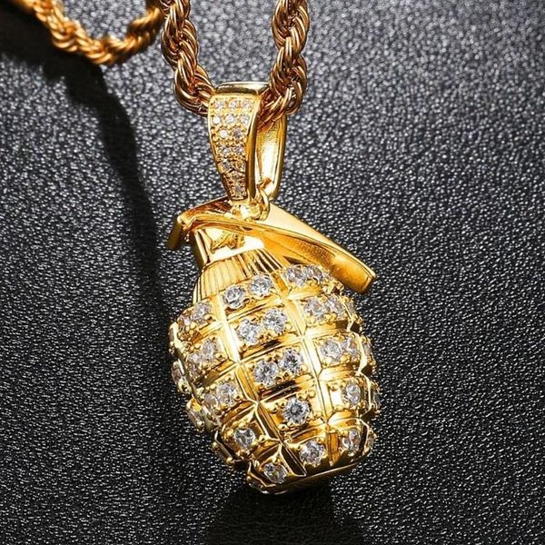 Collier pendentif Grenade en Zircon cubique pour hommes et femmes, avec chaîne en corde, style Hip Hop, couleur or, breloque, cadeau, bijoux pour hommes et femmes, 242y