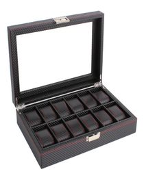 Outad 12 Slots Carbon Fiber Watch Box Sieraden horloge Display Opslaghouder rechthoek Zwart Leather Case6083010