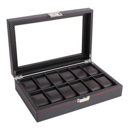 OUTAD-caja de reloj de fibra de carbono con 12 ranuras, soporte de almacenamiento para exhibición de joyería y reloj, funda de cuero negra rectangular, 262z