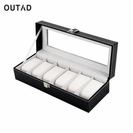 OUTAD 6 grille boîte de montre en cuir synthétique polyuréthane noir fentes de raffinement montres-bracelets coffret cadeau boîtes d'affichage de bijoux support de stockage 330q