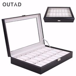 OUTAD-caja de reloj de 24 rejillas, caja de almacenamiento de reloj de pulsera de cuero negro de cristal, organizador, soporte clásico, almohada de espuma 2879