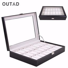 OUTAD-caja de reloj de 24 rejillas, caja de almacenamiento de reloj de pulsera de cuero negro de cristal, organizador, soporte clásico, almohada de espuma 286x