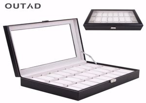 Outad casket 24 Boîte de montre de grille en verre noir en cuir noir boîtier de rangement Organisateur de porte-greffiers classiques 1625049