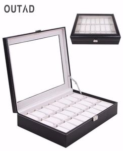 Outad casket 24 Boîte de montre de grille en verre noir en cuir noir boîtier de rangement Organisateur de porte-greffiers classiques 4534210
