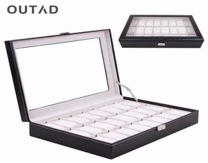 Outad casket 24 Boîte de montre de grille en verre noir en cuir noir boîtier de rangement Organisateur Holder Classical Pillow2027134