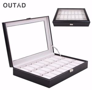 Outad casket 24 Boîte de montre de grille en verre noir en cuir noir boîtier de rangement Organisateur de support classique 4150098