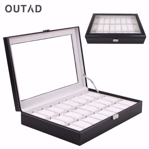 OUTAD-caja de reloj de 24 rejillas, caja de almacenamiento de reloj de pulsera de cuero negro de cristal, organizador, soporte clásico, almohada de espuma 2074