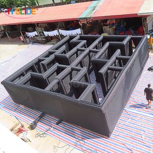 Activités de plein air 10 ml x 10 m l x 2 mH (33 x 33 x 6,5 pieds) maison hantée gonflable géante en plein air jeu d'étiquette laser de labyrinthe gonflable noir portable avec couverture