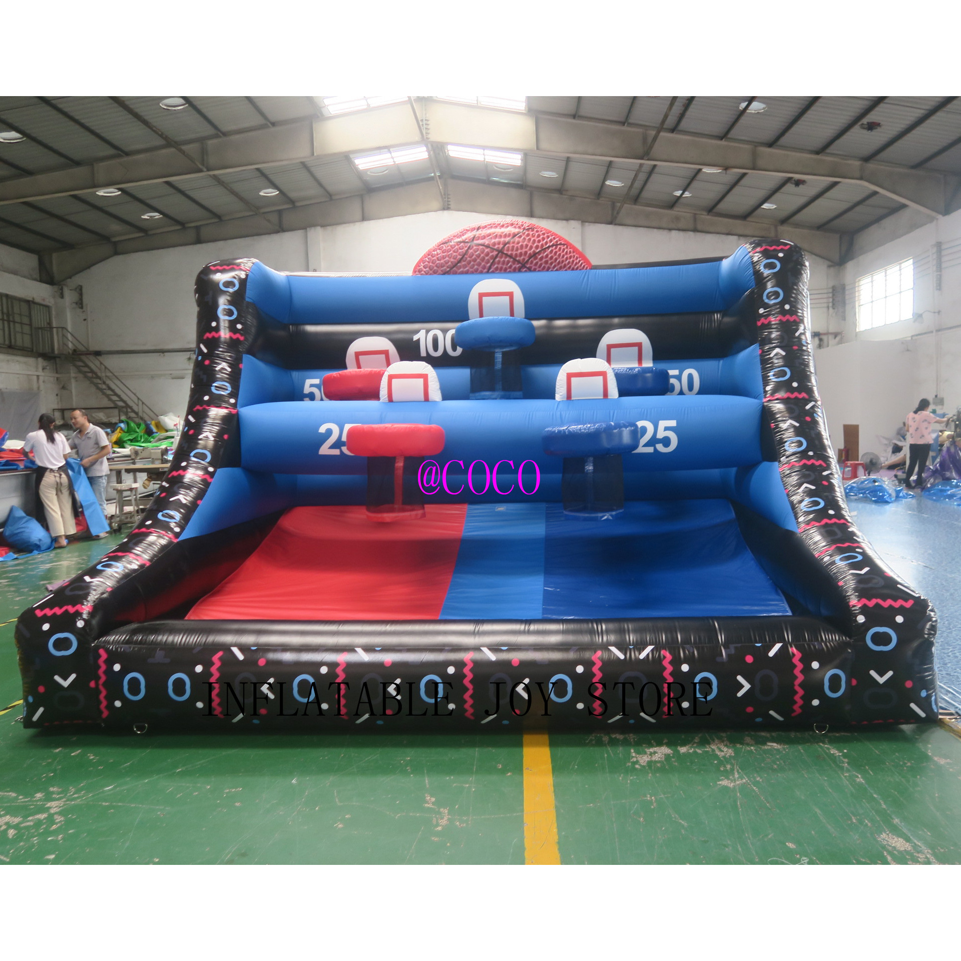 Atividades ao ar livre 4mwx3mlx3.5mh (13,2x10x11,5ft) com 6 bolas de bola de basquete inflável jogos de arremesso ao ar livre de jogo esportivo para crianças e adultos