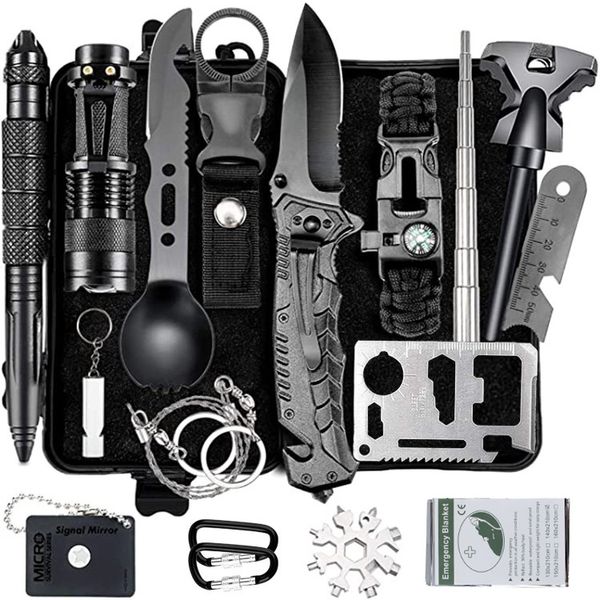 Kit de autoayuda de supervivencia para aventuras al aire libre, cuchillo de soplete, manta de primeros auxilios, equipo de autodefensa y salvavidas HW92