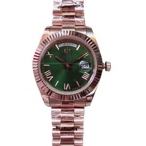 Montre mécanique automatique pour homme, cadran vert olive de 40 mm, avec lunette cannelée fixe et bracelet en acier inoxydable or rose