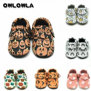 Outdoor Baby Mocassins Zachte Zool Lederen Schoenen Voor Meisje Jongen Echt Leer Afdrukken Halloween Booties Babyschoenen Fit 024 Bebe