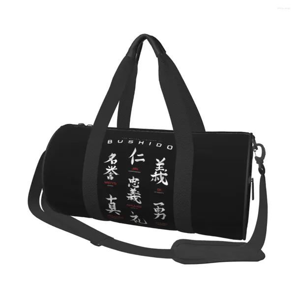 Bolsas al aire libre Código Bushido negro Deporte Samurai Kanji con zapatos Bolsa de gimnasio Portátil Hombre Mujer Diseño Bolso Entrenamiento Retro Fitness