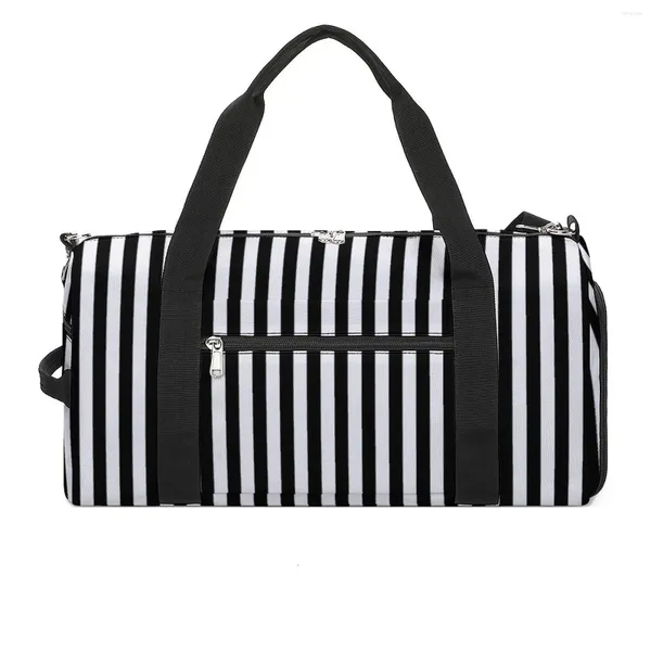 Bolsas al aire libre Bolsa de gimnasio a rayas blancas y negras Líneas verticales Imprimir Deportes impermeables Patrón de viaje grande Bolso Lindo Fitness para pareja