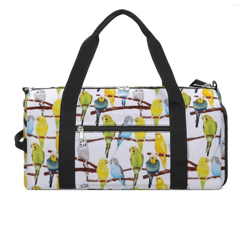 屋外バッグBudgie Pattern Watercolor Sports Parrot Luggage Gym Bag with Shoes Retro Handbags Men Mens Printed Oxford Fitness