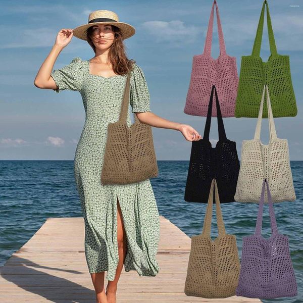 Bolsas al aire libre de punto hechas de punto de malla de viaje de paja de estilo rural para mujer, bolsa de almacenamiento, contenedor de botellas