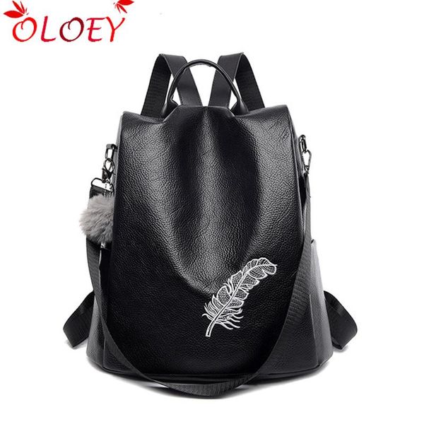Sacs de plein air de luxe en cuir noir sac à dos femmes voyage broderie plume fleur motif boule de fourrure sac d'école pour les filles 2021 qualité