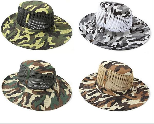 Chapeau de seau d'impression de Camouflage en plein air chapeaux tactiques à large bord mentonnière hommes casquette de plage pêche Camping casquettes de chasse Protection solaire