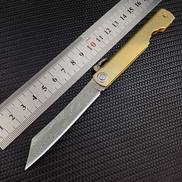 Camping en plein air lame pliante petit couteau en acier inoxydable couteaux de poche damas multi-fonction aiguiser les couteaux d'office poignée en alliage de cuivre