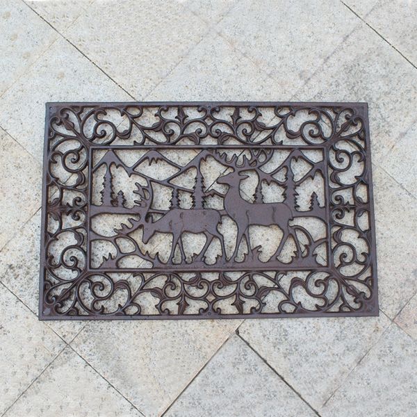 Felpudo de hierro fundido Tapete decorativo para puerta Rectángulo Elk Moose Scroll Acabado antiguo Espesor Heavy Metal Craft Garden Yard Patio Farmhourse Vintage Brown Home Decor