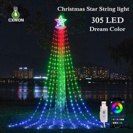 305 LED Waterfall String Lights 9ft Bluetooth App Control Pixel Light Full Color 9 Drops Hangende verlichting met Star Topper voor vakantiefeestdecoratie