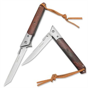 Couteau de poche pliant tactique avec manche en bois coloré, couteaux EDC de chasse et de Camping avec gaine en cuir