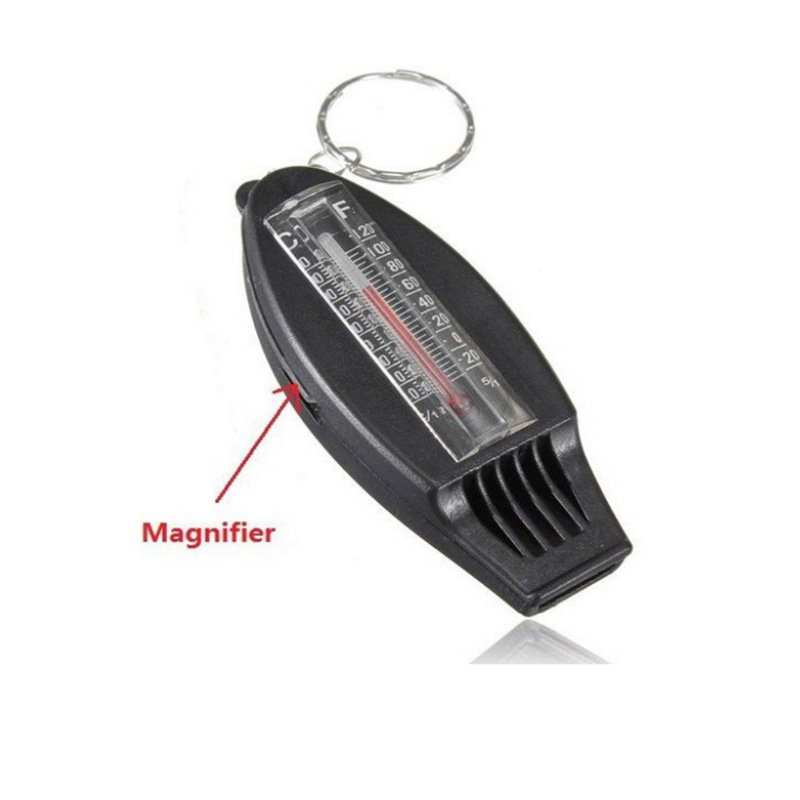 Black 4 in 1 Mini Survival Tool Thermometer Whistle Compass Ourdoor Camping Hiking Tools Whistle DE858