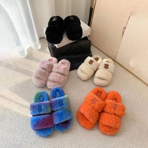 Teddybeer fuzzy tazz Pantoffel Damesschoen Luxe glijbaan zwart Designer Flop Flip luipaardprint Rubberen zool Sandalen pluizig Winter pluche harig Sandaal thuis Platte hak schoenen