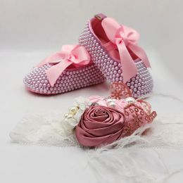 Outdoor Dollbling Heldere Kleurrijke Bloem Hoofdband Roze Parels Schoenen Pasgeboren 2-delige Cadeauset Luxe Babyschoenen