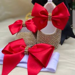 Dollbling al aire libre hecho a mano Navidad regalo recién nacido Día de San Valentín lazo rojo mocasines para niña zapatos brillantes y diadema