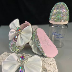 Dollbling al aire libre, biberones y zapatos de lujo para bebé, conjunto de diadema, traje de tutú de diamante de recuerdo, zapatos de bautismo para niña pequeña de fondo rojo